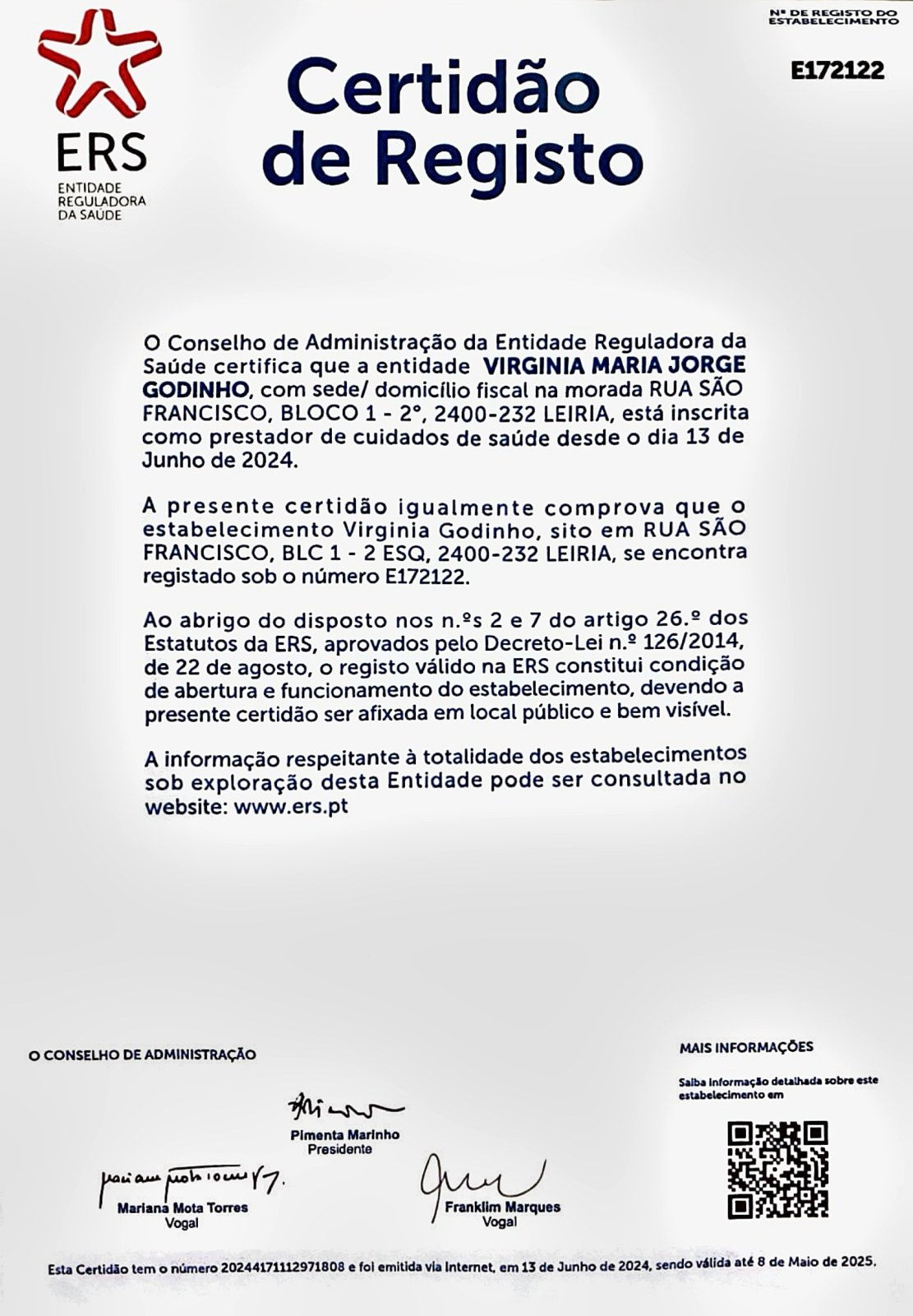 Certidão de Registo na ERS, n.º E172122