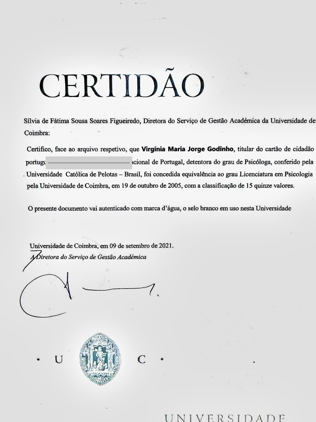 Certidão de equivalência, Universidade de Coimbra