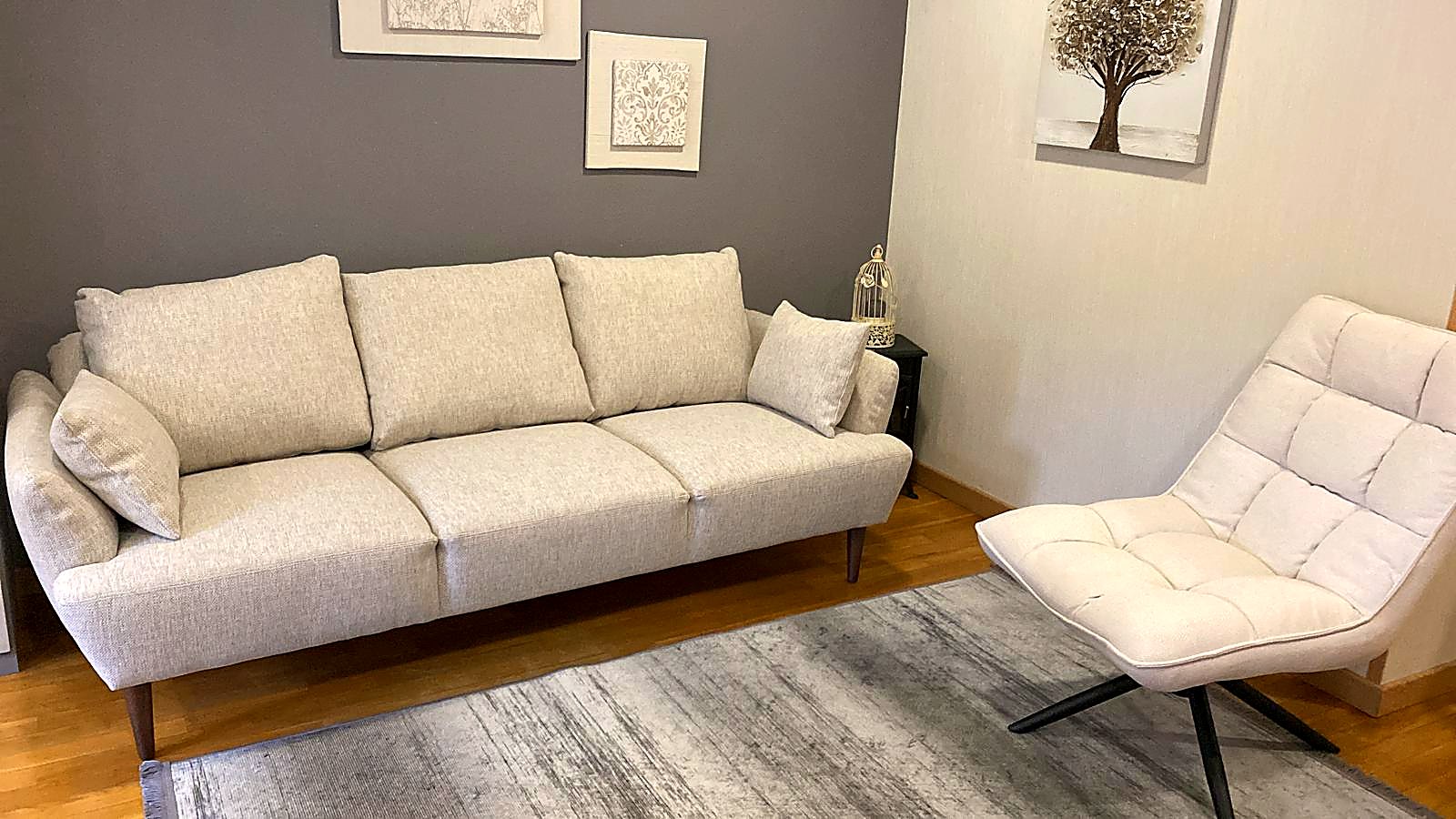 Sala do consultório: sofá e poltrona em tons claros
